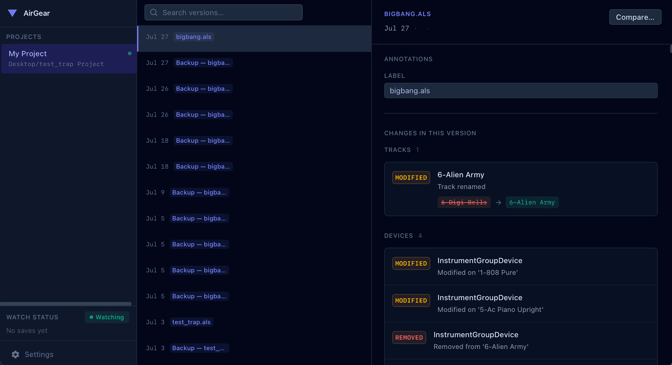 The AirGear app showing a project's version history and the changes in a single saved version